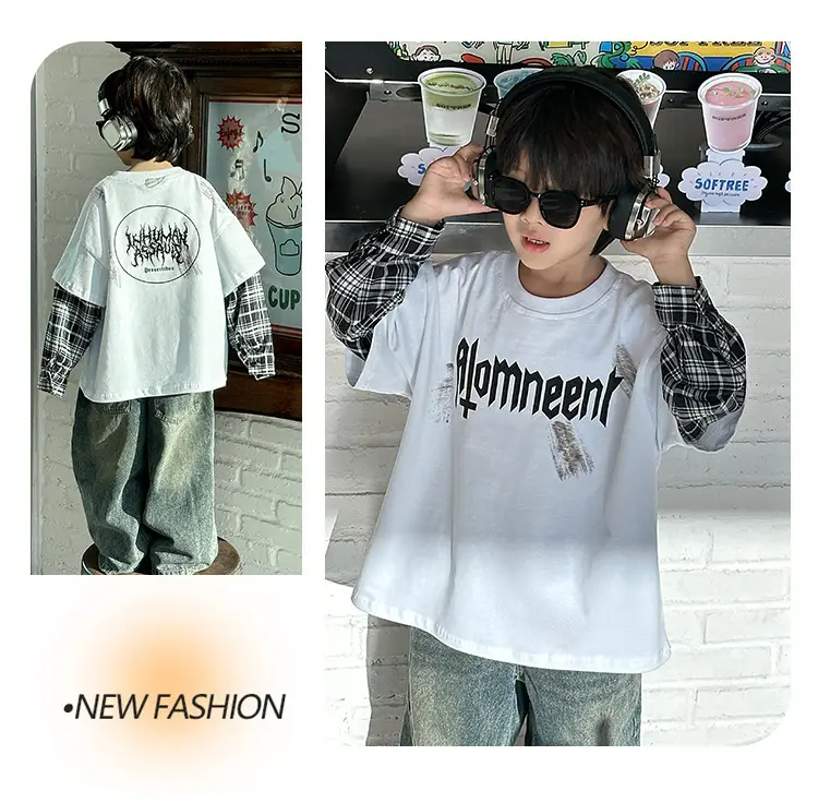Boys Black Plaid Sleeve T-Shirt with "Almreee" Print — feature 10