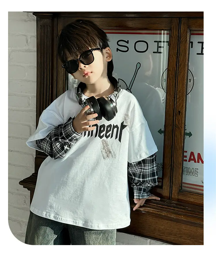 Boys Black Plaid Sleeve T-Shirt with "Almreee" Print — feature 11