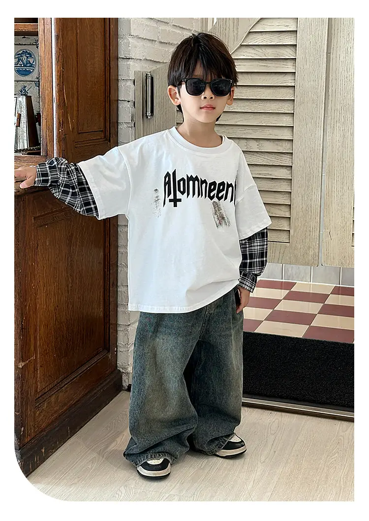 Boys Black Plaid Sleeve T-Shirt with "Almreee" Print — feature 12
