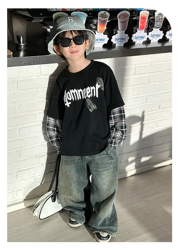 Boys Black Plaid Sleeve T-Shirt with "Almreee" Print — feature 13
