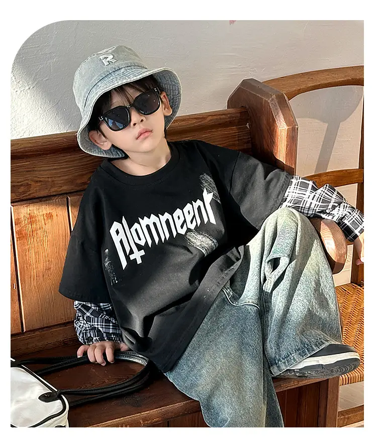 Boys Black Plaid Sleeve T-Shirt with "Almreee" Print — feature 14