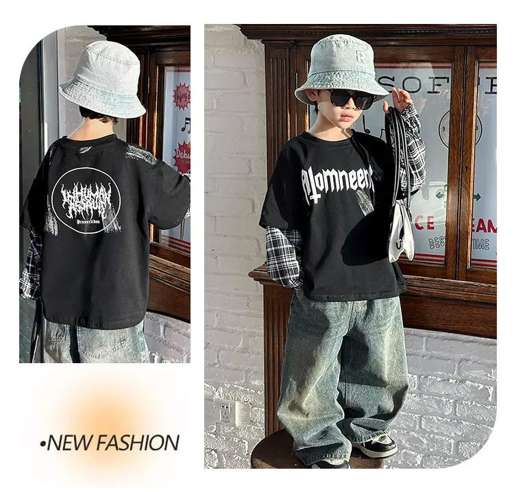 Boys Black Plaid Sleeve T-Shirt with "Almreee" Print — feature 15