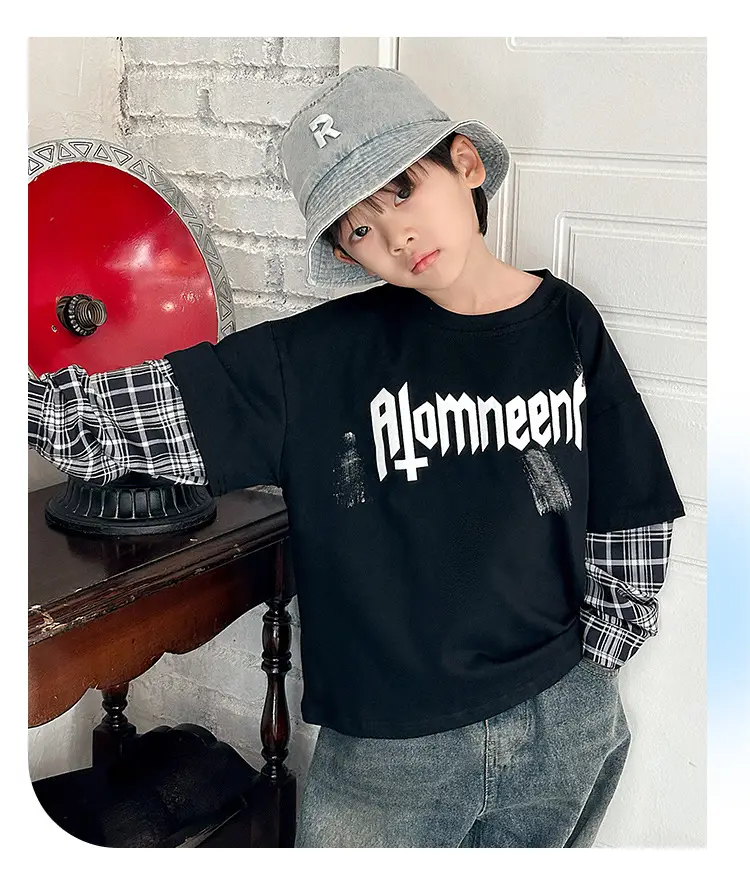 Boys Black Plaid Sleeve T-Shirt with "Almreee" Print — feature 16