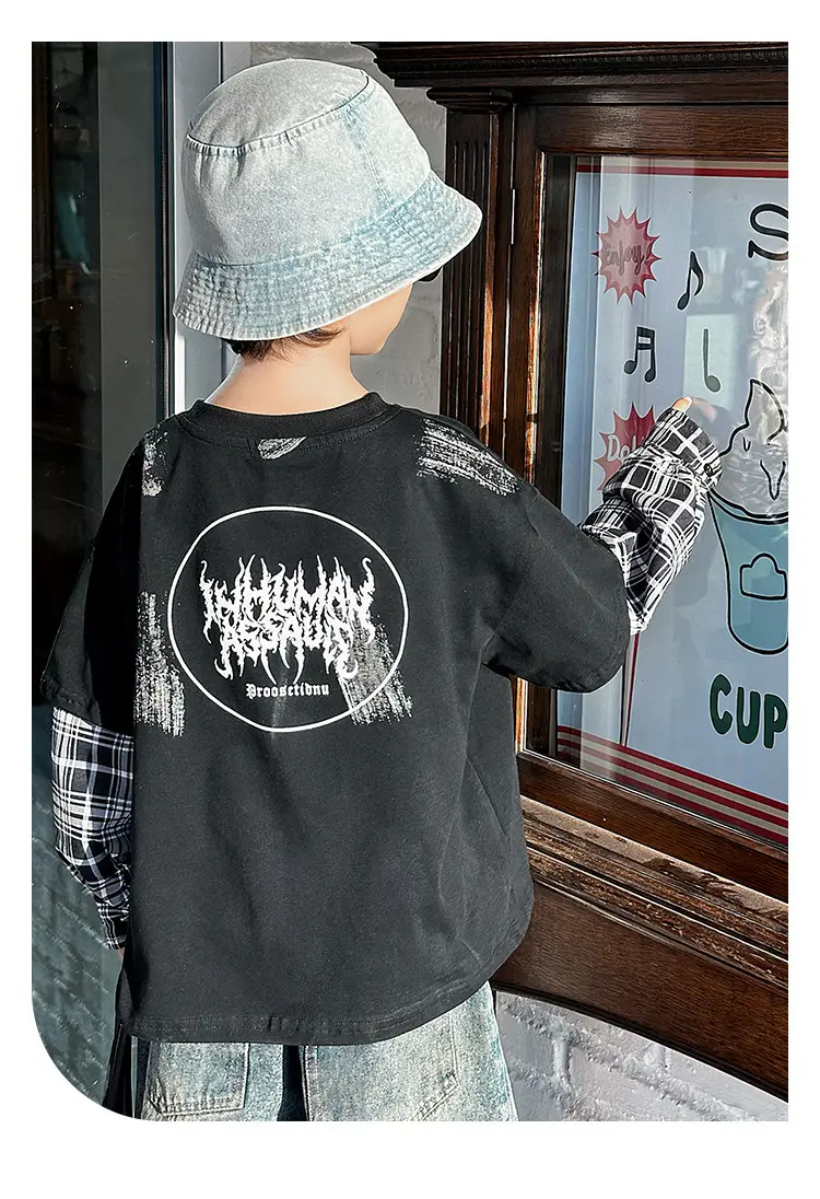 Boys Black Plaid Sleeve T-Shirt with "Almreee" Print — feature 17