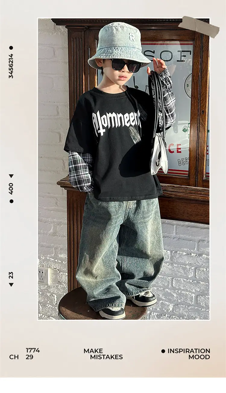 Boys Black Plaid Sleeve T-Shirt with "Almreee" Print — feature 4
