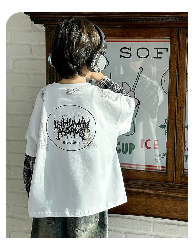 Boys Black Plaid Sleeve T-Shirt with "Almreee" Print — feature 9