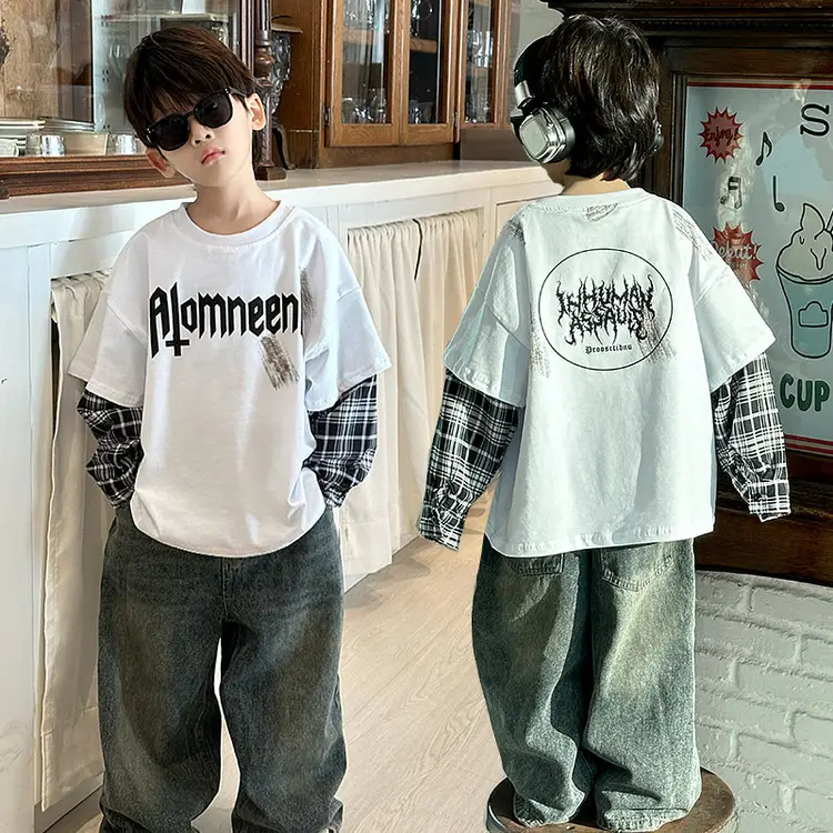 Boys Black Plaid Sleeve T-Shirt with "Almreee" Print