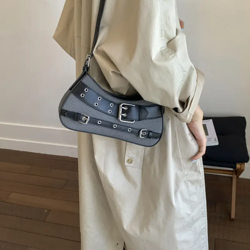 Trendy Biker Style Shoulder Bag 2025 Green Gray - Image 8