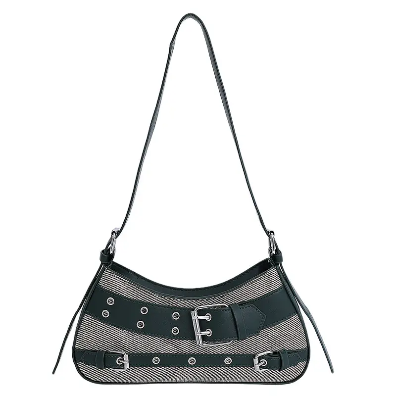 Trendy Biker Style Shoulder Bag 2025 Green Gray - Image 4