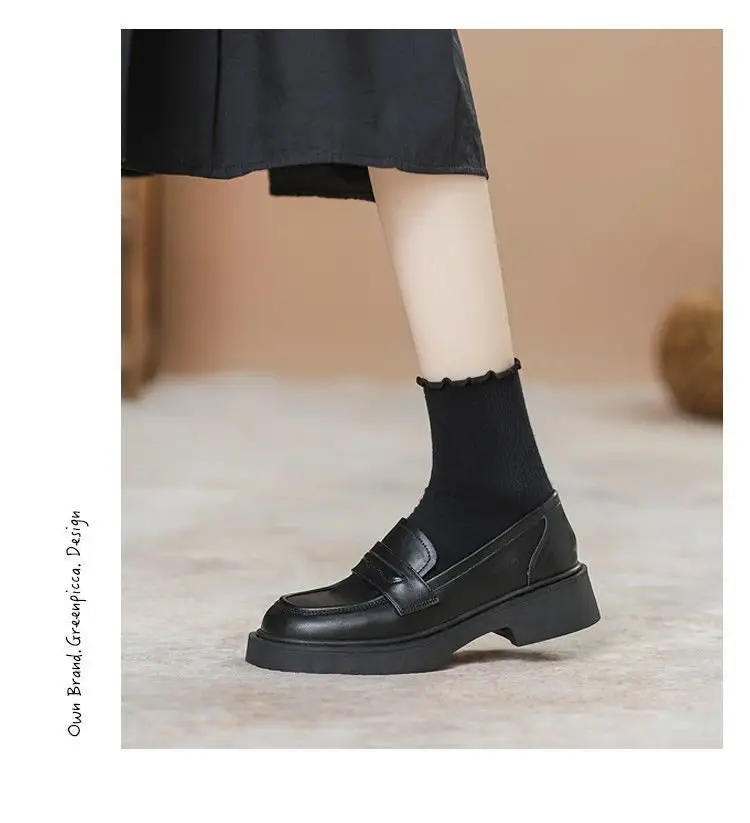Women's Black Leather Slip-On Loafers Thick Soled Autumn — feature 10