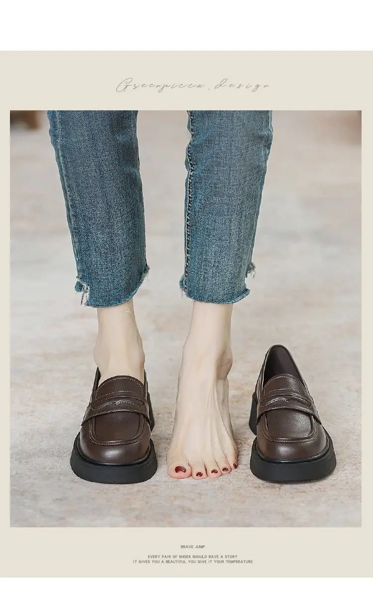 Women's Black Leather Slip-On Loafers Thick Soled Autumn — feature 12