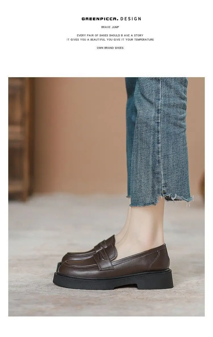 Women's Black Leather Slip-On Loafers Thick Soled Autumn — feature 14