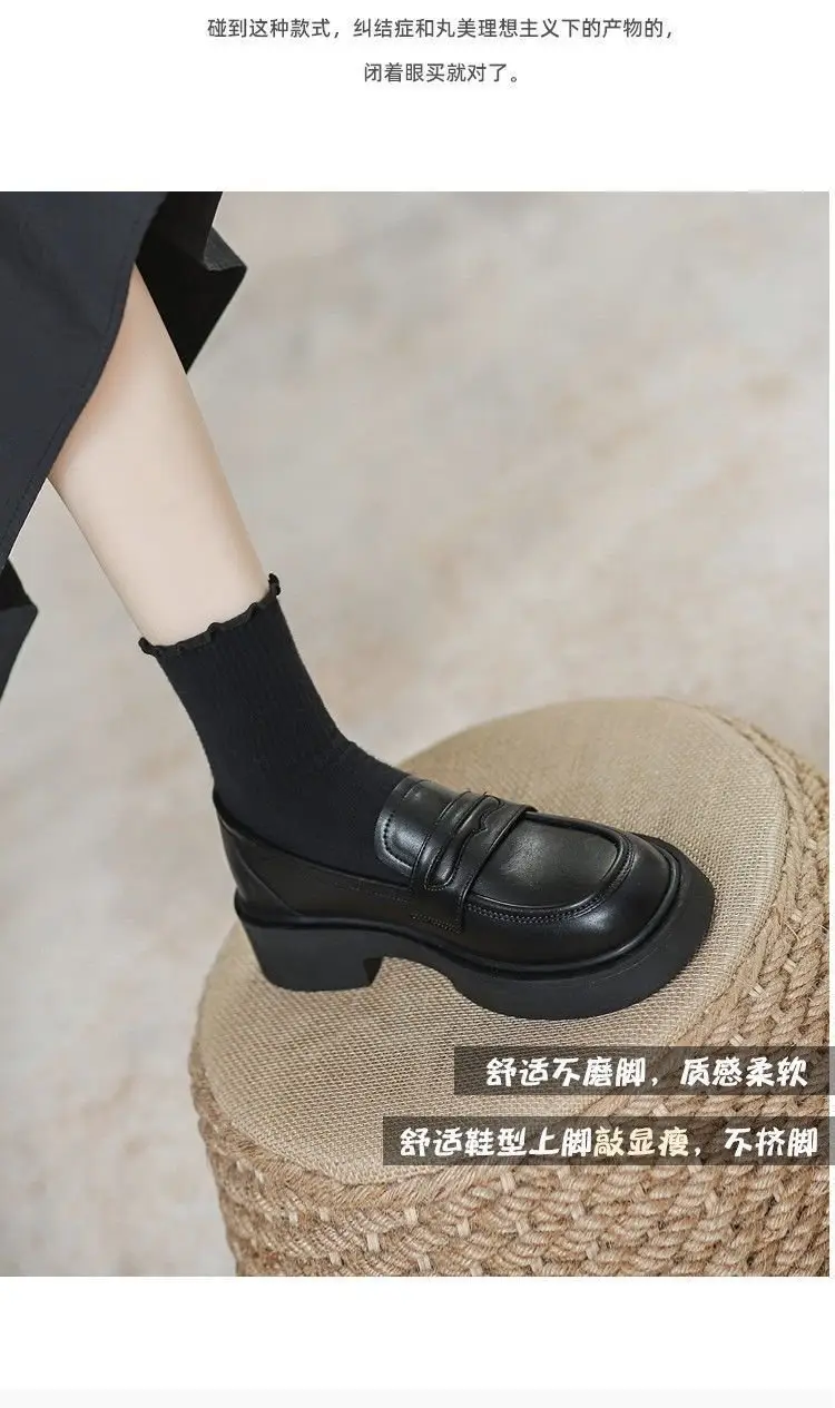Women's Black Leather Slip-On Loafers Thick Soled Autumn — feature 6