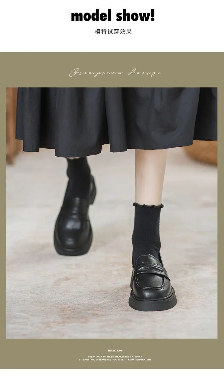 Women's Black Leather Slip-On Loafers Thick Soled Autumn — feature 8