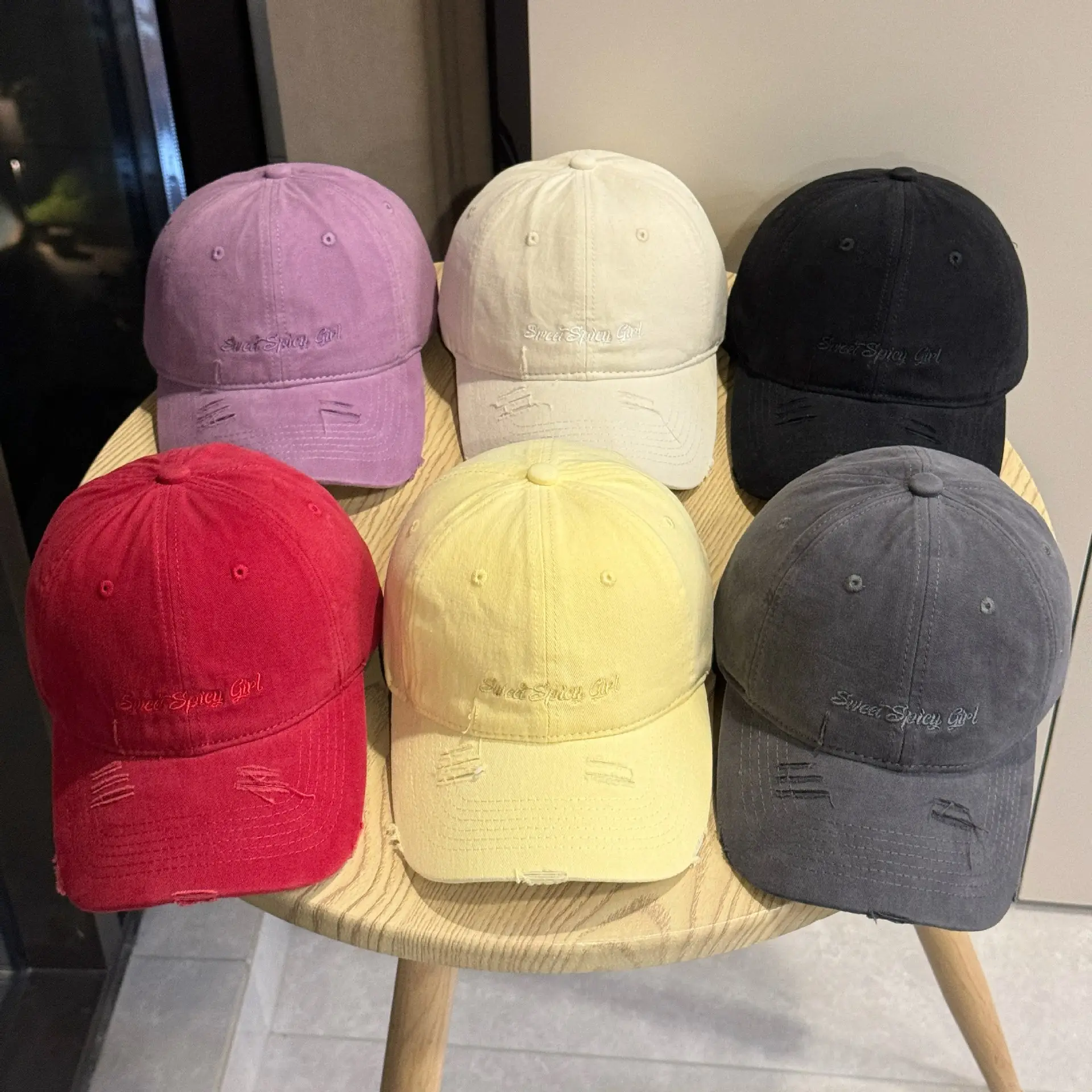 Women Red & White Distressed Baseball Caps — feature 1