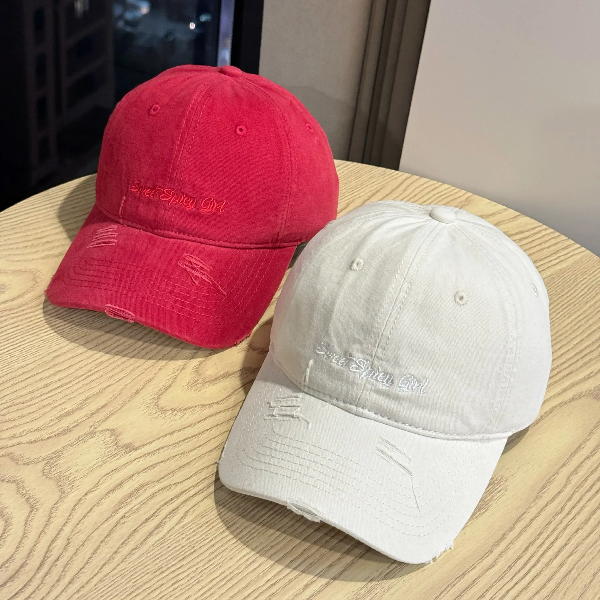 Women Red & White Distressed Baseball Caps — feature 4