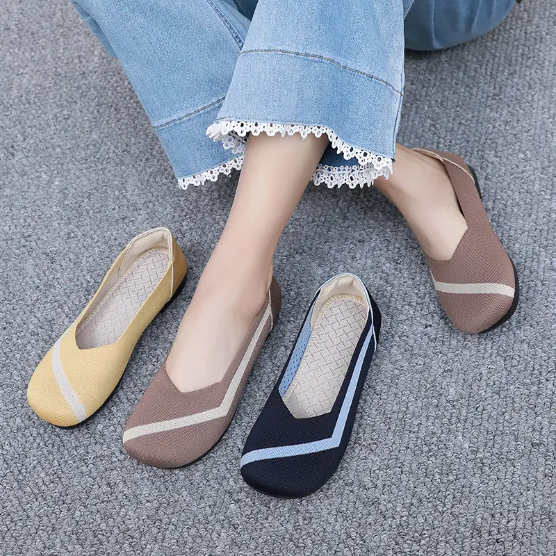 Summer New Women's Fashion Casual Fly-Knit Shoes Cross-Border Foreign Trade Flat Breathable Shallow Slip-On Shoes Non-Slip Slip-On