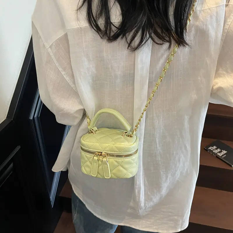 Women Quilted Chain Crossbody Bag Beige Gold Strap