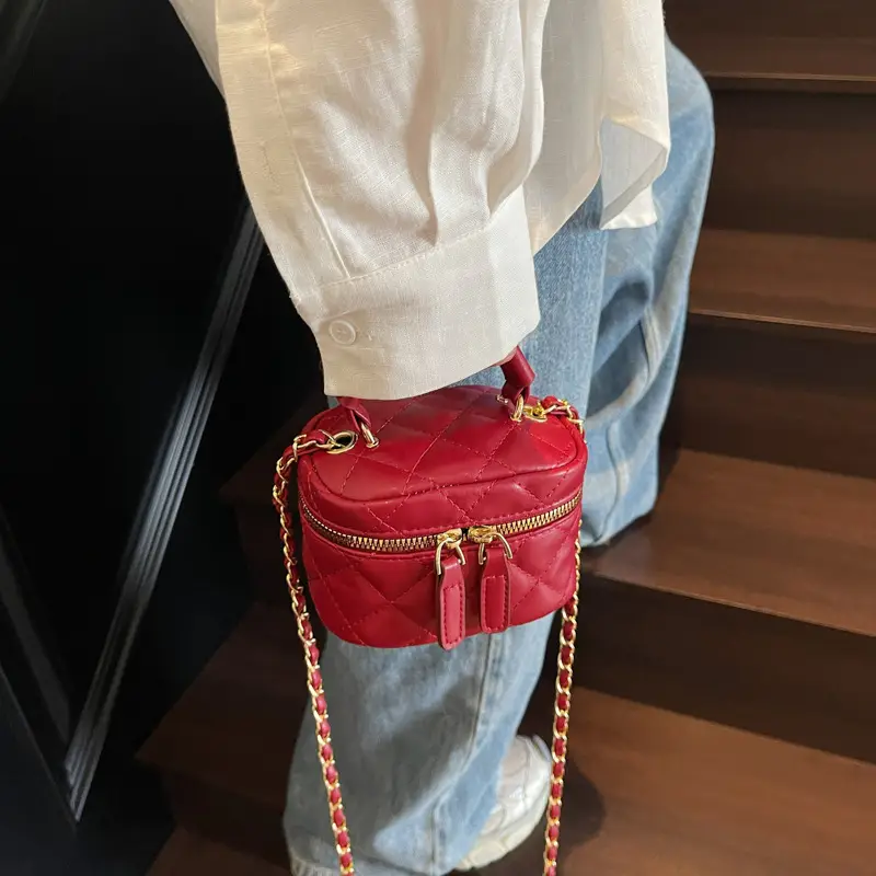Women Quilted Chain Crossbody Bag Beige Gold Strap