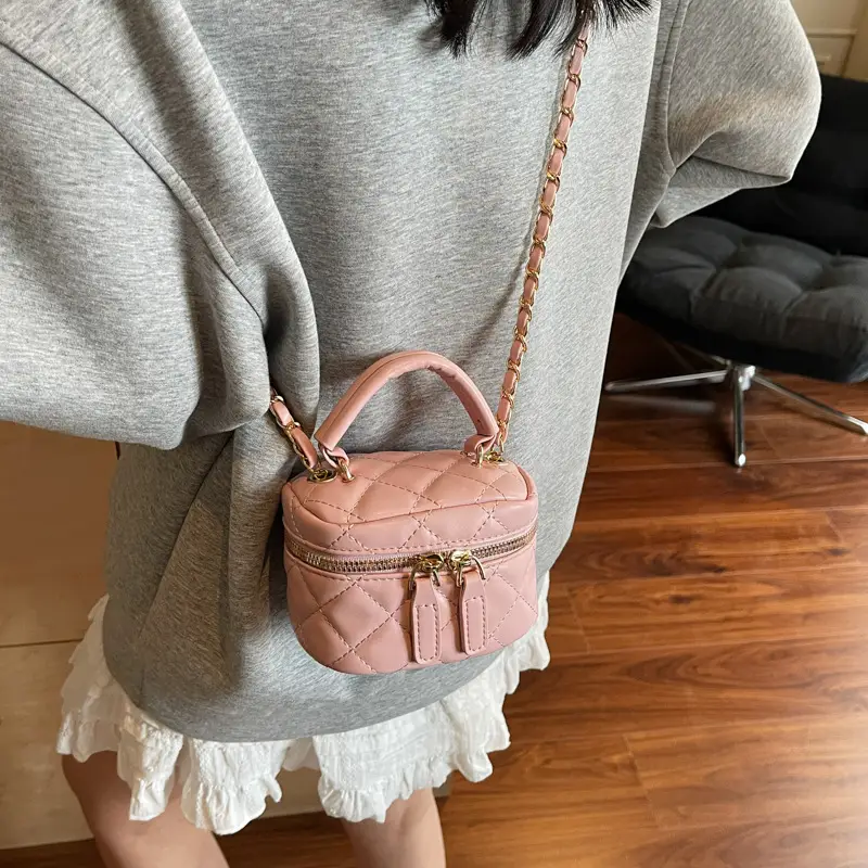 Women Quilted Chain Crossbody Bag Beige Gold Strap