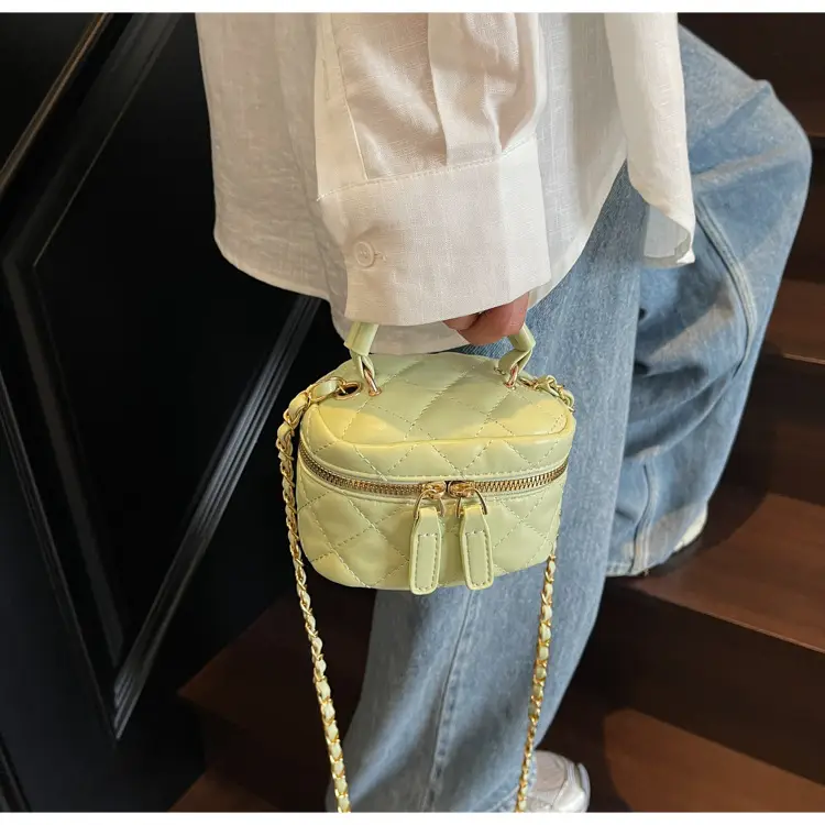 Women Quilted Chain Crossbody Bag Beige Gold Strap — feature 11