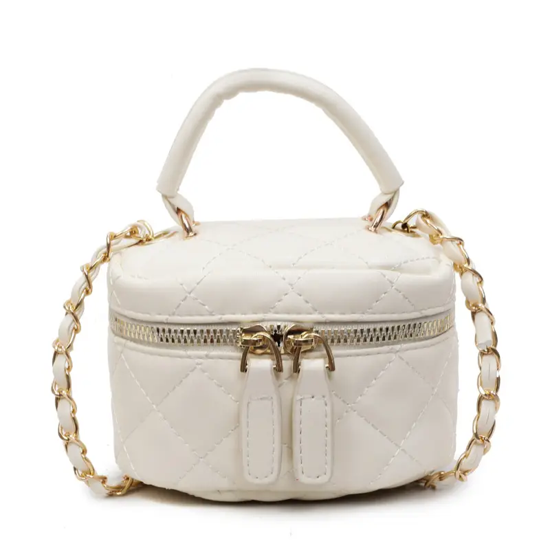 Women Quilted Chain Crossbody Bag Beige Gold Strap