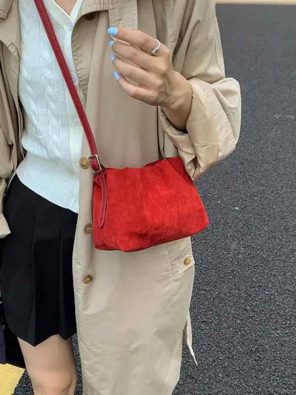 Suede Pleated Crossbody Bag Lucky Color Cloud Bag - Image 7