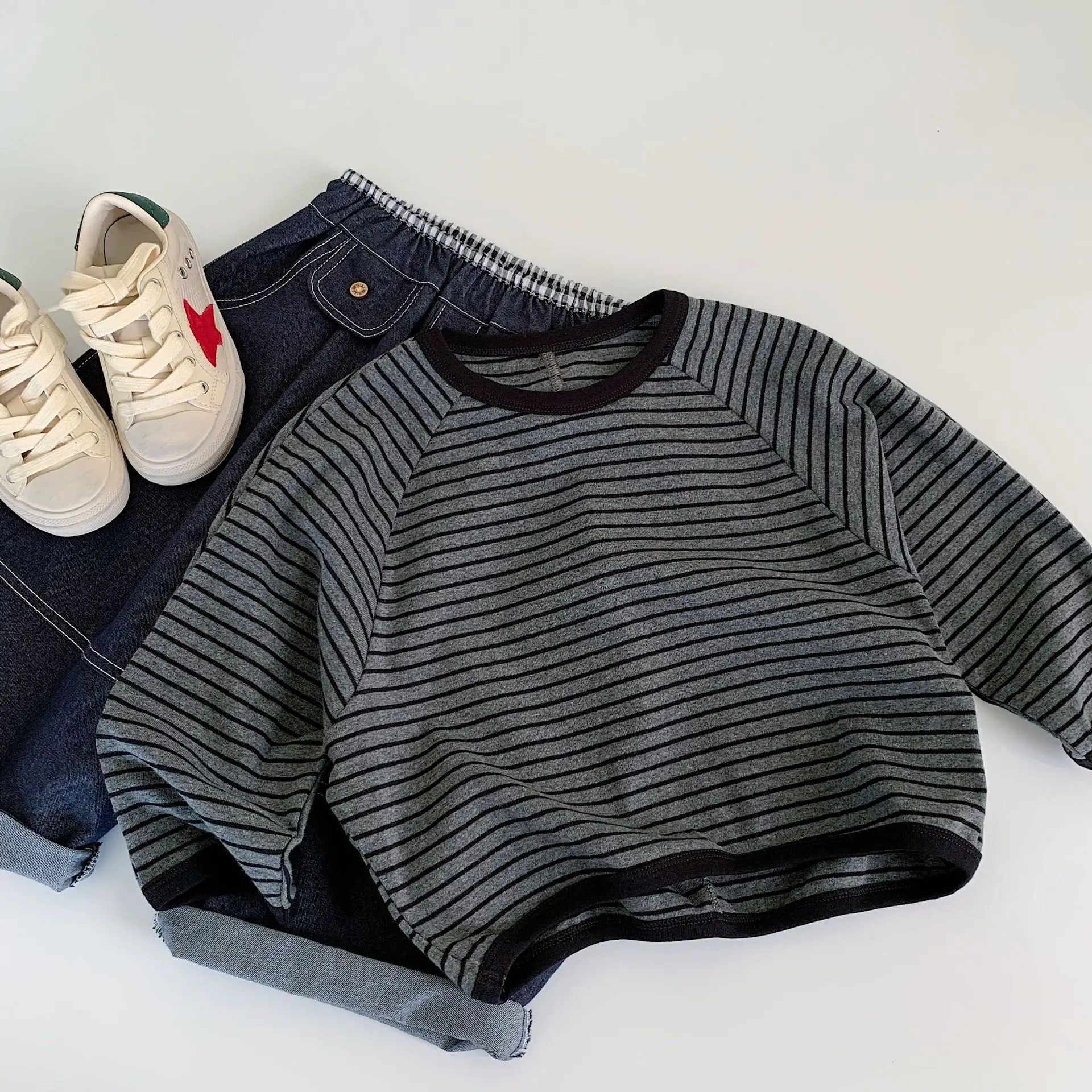 Boys Striped Crew Neck T-Shirt Spring Autumn Trendy Kids