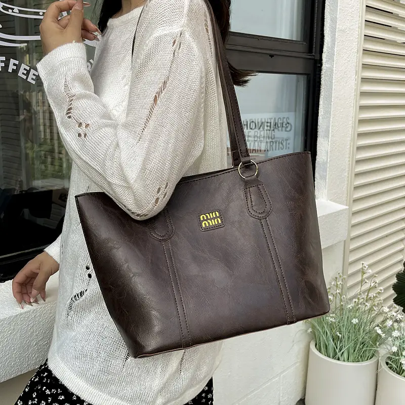 Women's Brown Leather Shoulder Tote Bag 2025 Summer - Image 4