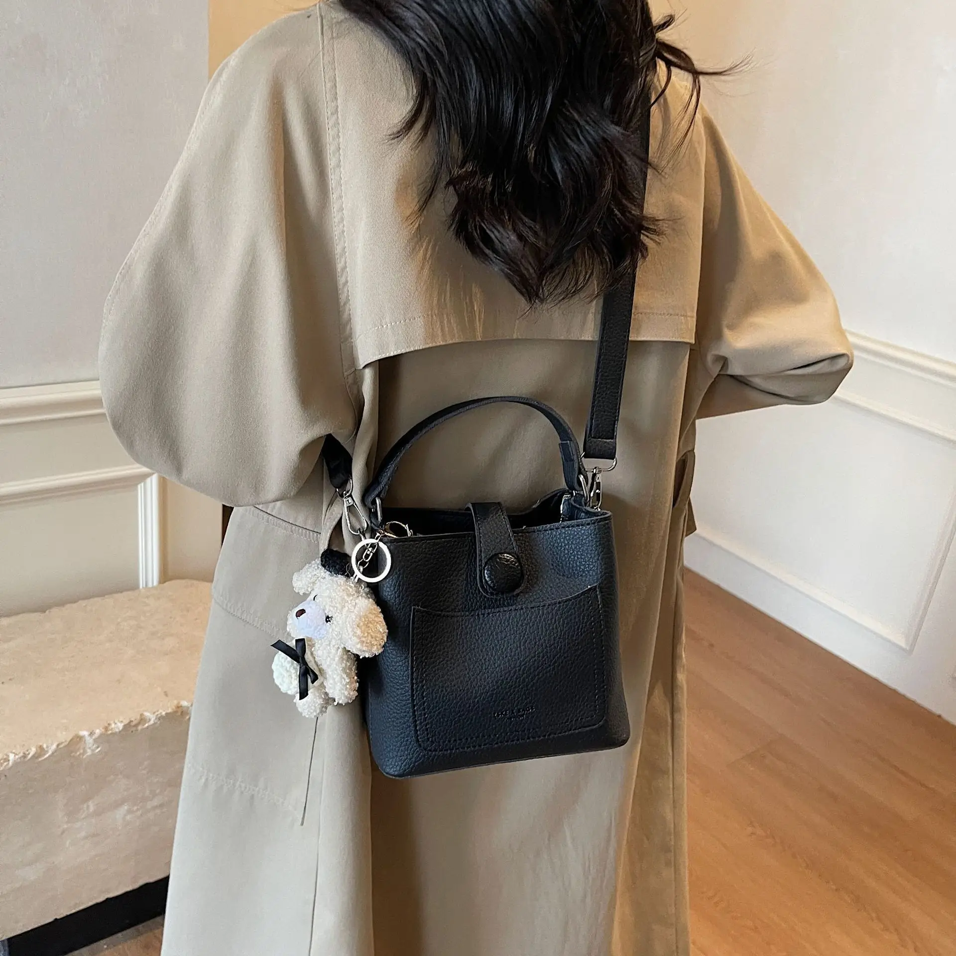 Women's Brown Leather Crossbody Bag with Teddy Bear Keychain - Image 8