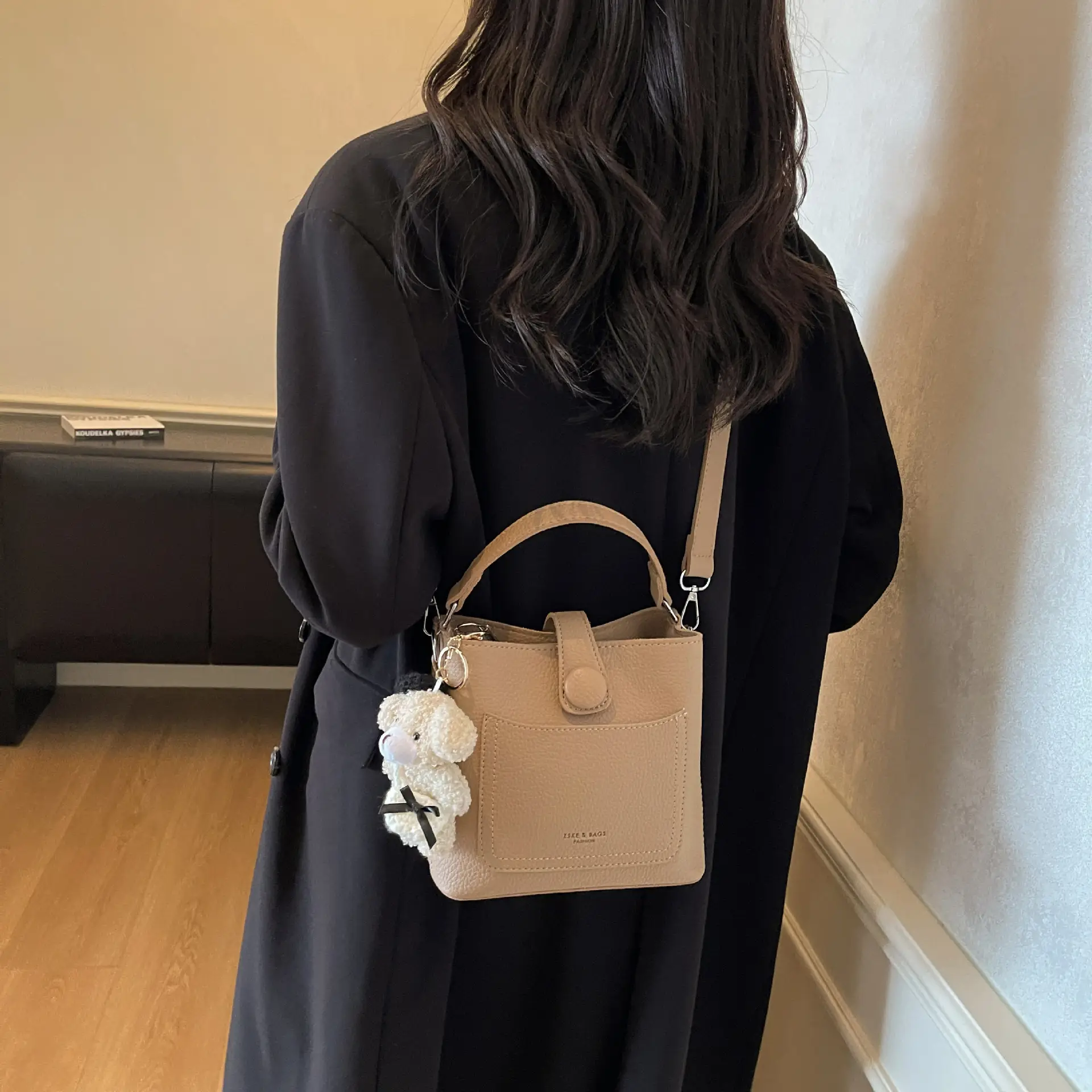 Women's Brown Leather Crossbody Bag with Teddy Bear Keychain - Image 9
