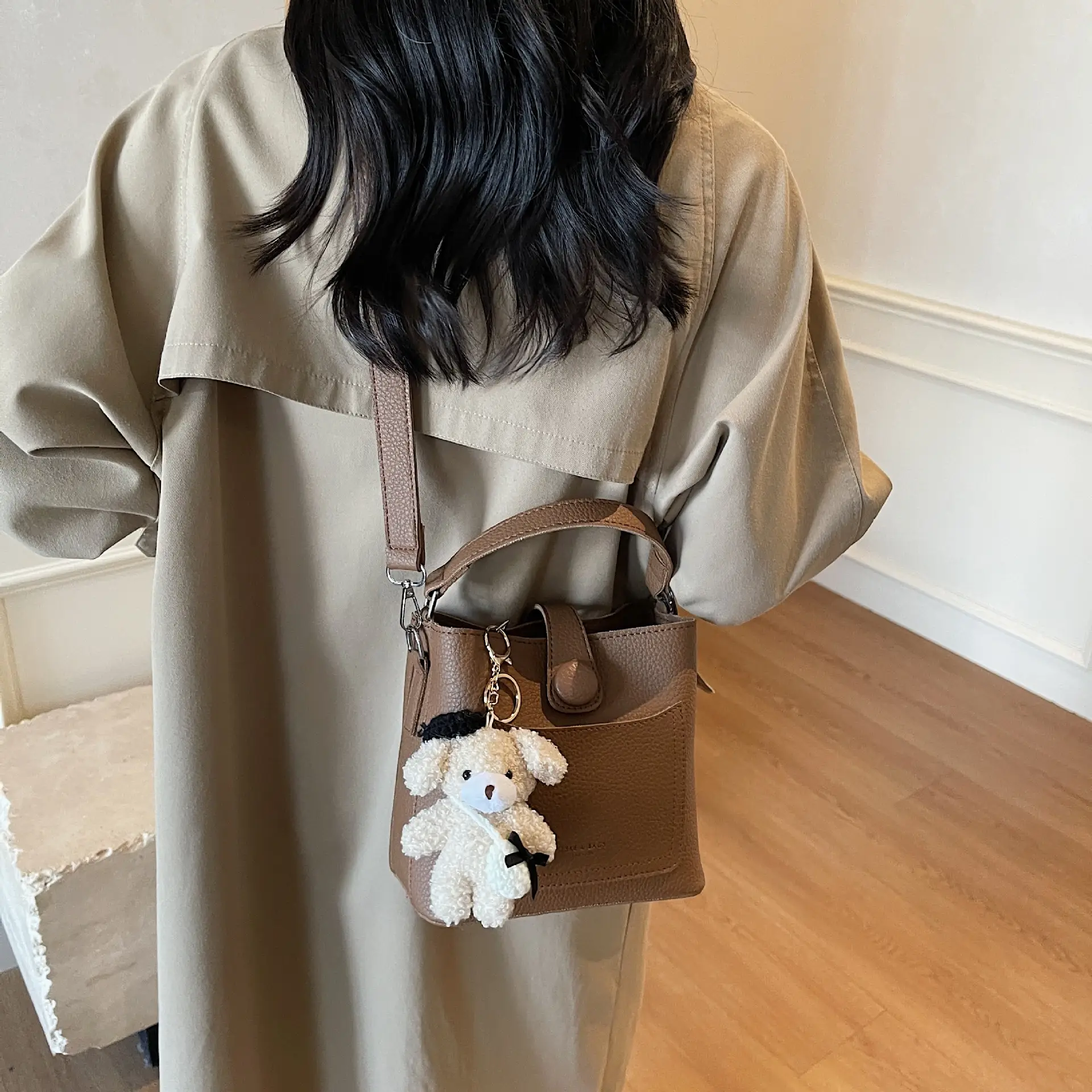 Women's Brown Leather Crossbody Bag with Teddy Bear Keychain - Image 10