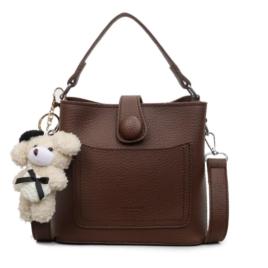 Women's Brown Leather Crossbody Bag with Teddy Bear Keychain - Image 11