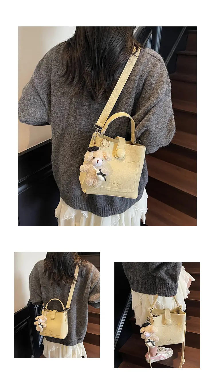 Women's Brown Leather Crossbody Bag with Teddy Bear Keychain — feature 16