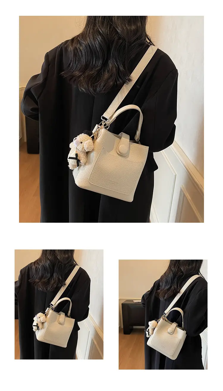 Women's Brown Leather Crossbody Bag with Teddy Bear Keychain — feature 17