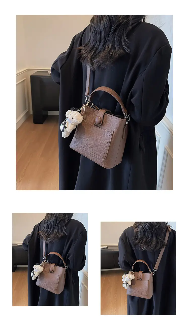 Women's Brown Leather Crossbody Bag with Teddy Bear Keychain — feature 18