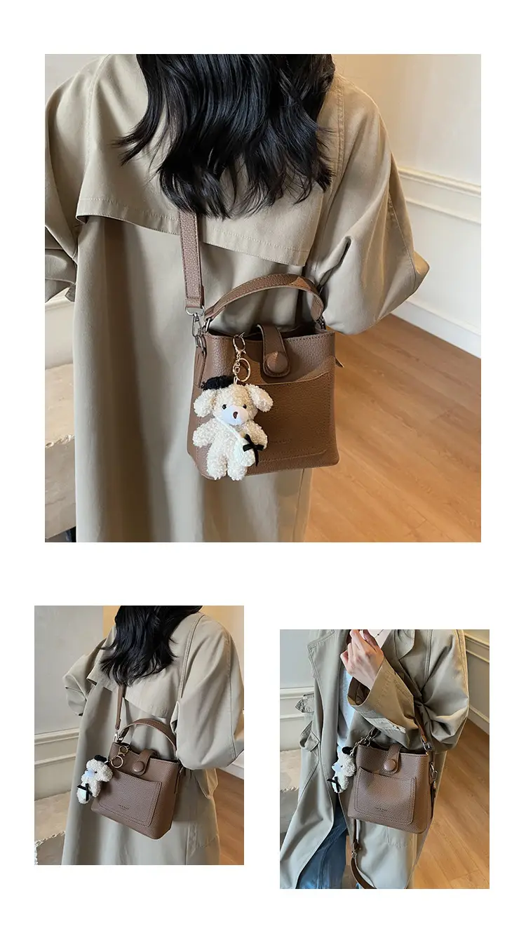 Women's Brown Leather Crossbody Bag with Teddy Bear Keychain — feature 20