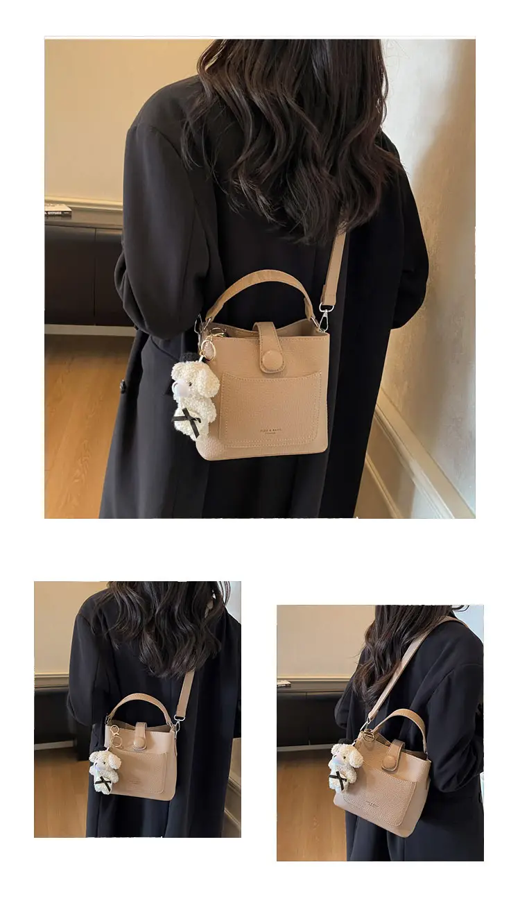 Women's Brown Leather Crossbody Bag with Teddy Bear Keychain — feature 21