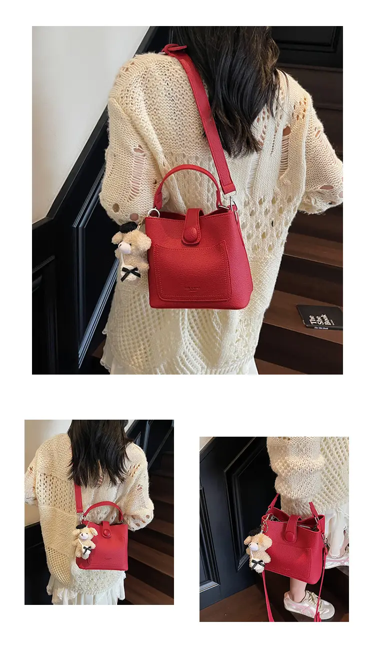 Women's Brown Leather Crossbody Bag with Teddy Bear Keychain — feature 22