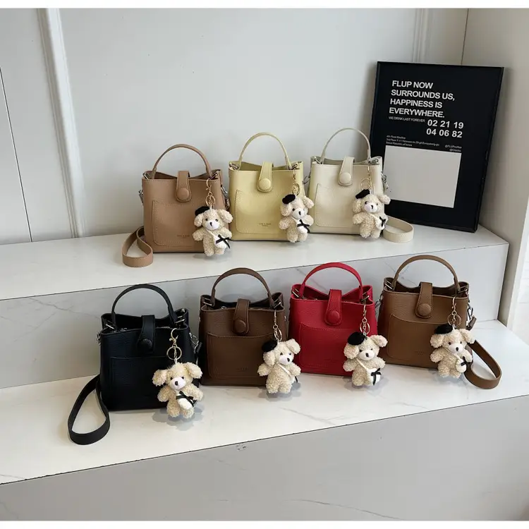 Women's Brown Leather Crossbody Bag with Teddy Bear Keychain — feature 23