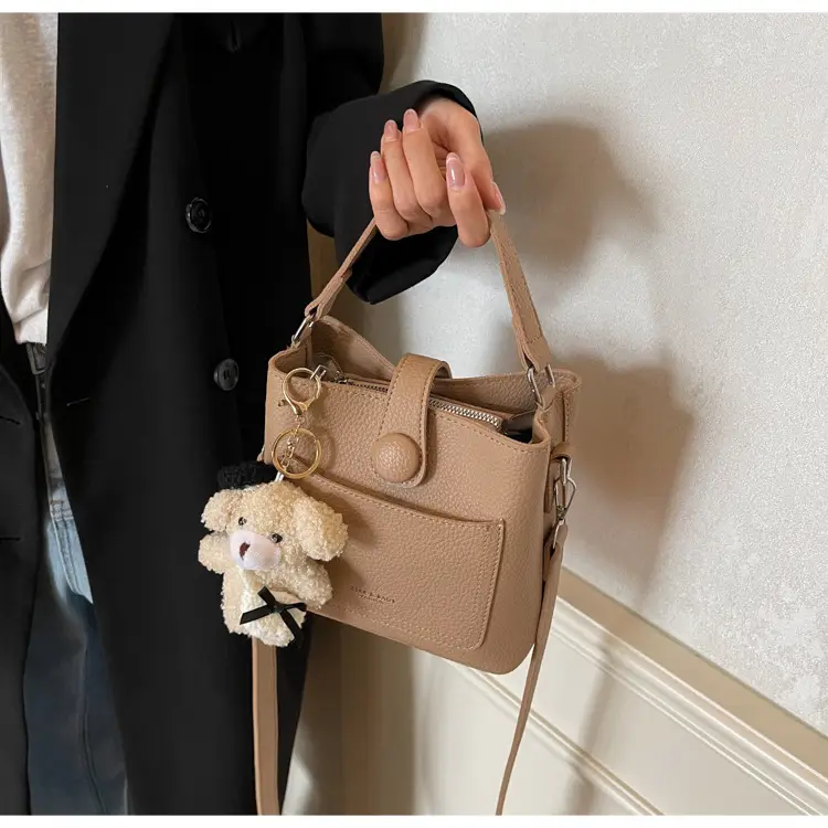 Women's Brown Leather Crossbody Bag with Teddy Bear Keychain — feature 24