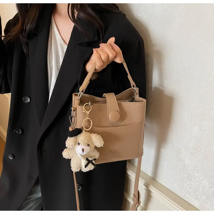 Women's Brown Leather Crossbody Bag with Teddy Bear Keychain — feature 25