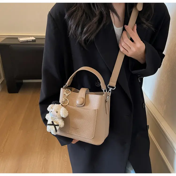 Women's Brown Leather Crossbody Bag with Teddy Bear Keychain — feature 26
