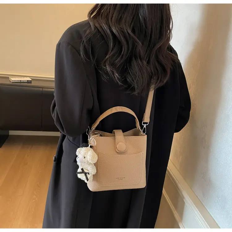 Women's Brown Leather Crossbody Bag with Teddy Bear Keychain — feature 27