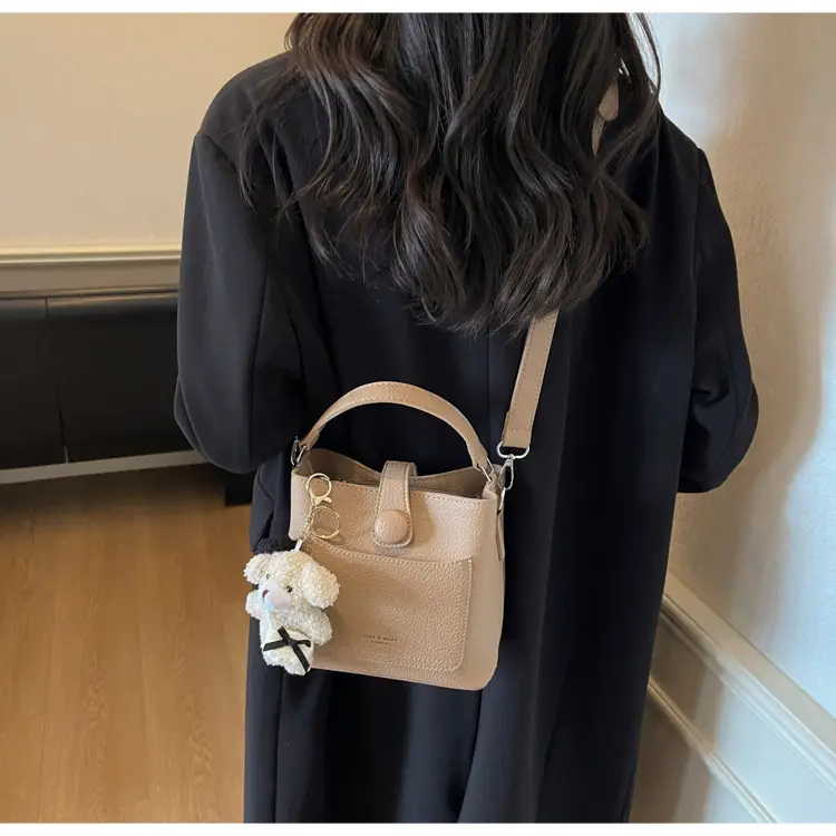 Women's Brown Leather Crossbody Bag with Teddy Bear Keychain — feature 28
