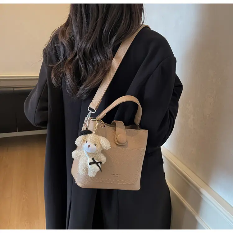 Women's Brown Leather Crossbody Bag with Teddy Bear Keychain — feature 30
