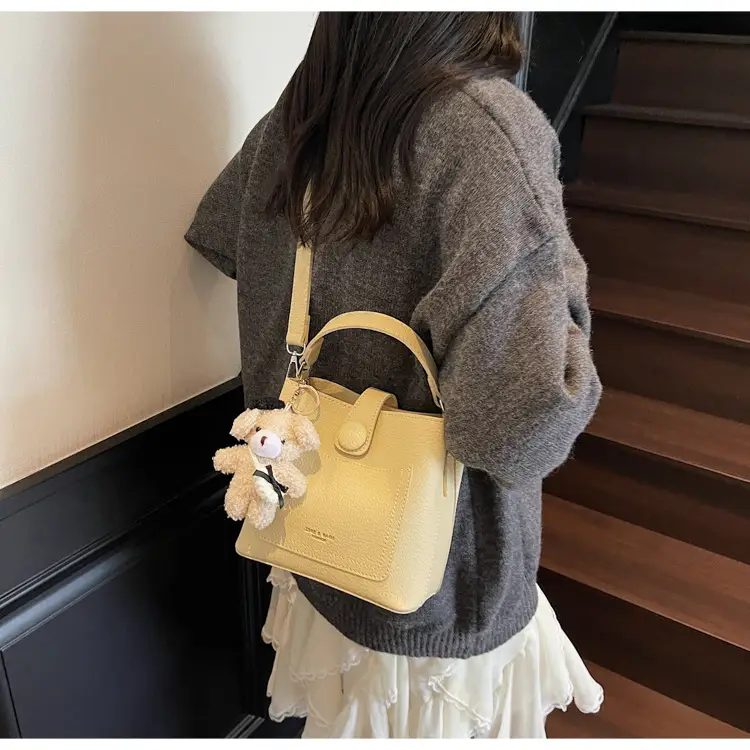Women's Brown Leather Crossbody Bag with Teddy Bear Keychain — feature 34