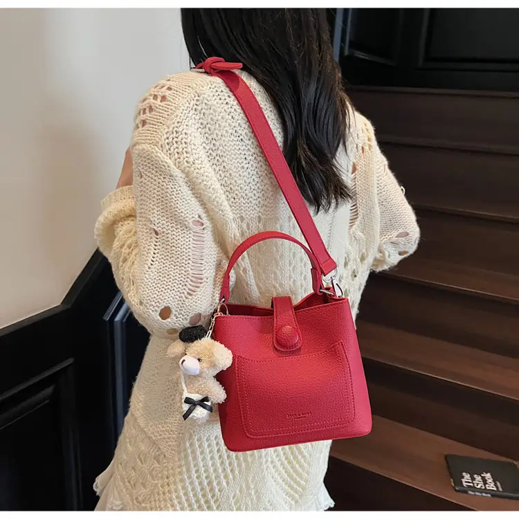 Women's Brown Leather Crossbody Bag with Teddy Bear Keychain — feature 36