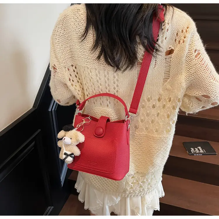 Women's Brown Leather Crossbody Bag with Teddy Bear Keychain — feature 38