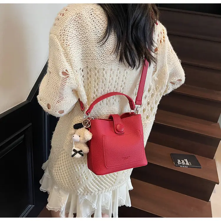 Women's Brown Leather Crossbody Bag with Teddy Bear Keychain — feature 39